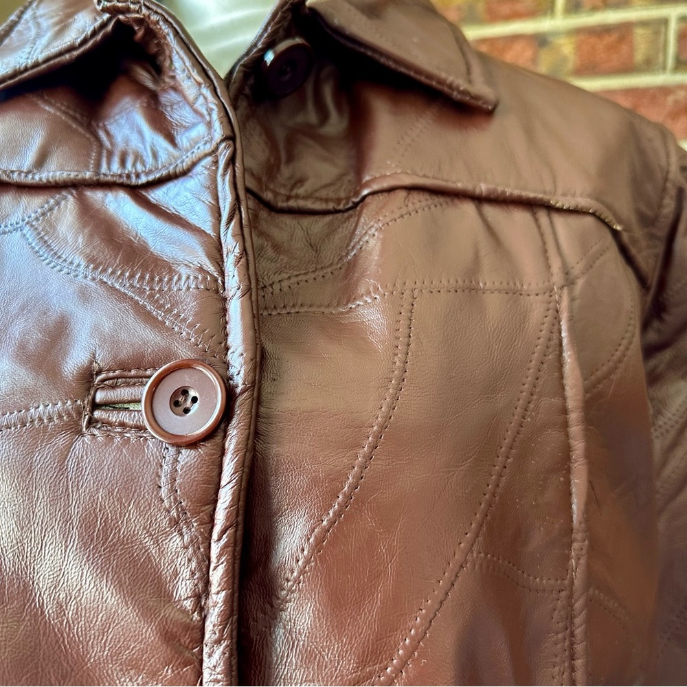 Brown Leather Button Up Patchwork Jacket Mens Siz… - image 7